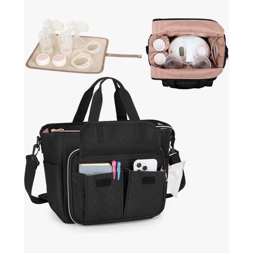 Black Breast Pump Bag Tote with Quilted Organizer Pockets and bottle
Holders